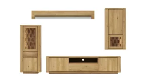 Alternative view of Wohnwand Bakersfield - inkl. Beleuchtung, sichtbare Rückwände mit Holzschindeln/Schubladenfront mit Schroppung, Asteiche massiv, geölt