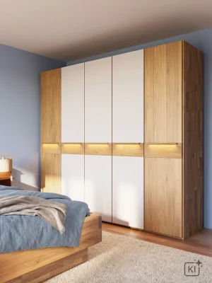Drehtürenschrank Baltimore - inkl. Beleuchtung, B ca. 244 cm, Wildeiche massiv, Glas Cremeweiß matt