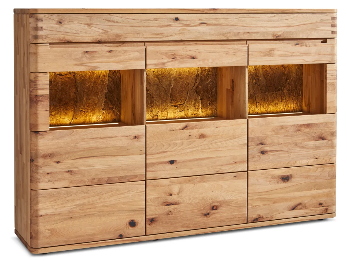 Highboard Cartago Soft - inkl. Beleuchtung, Astbuche massiv, natur geölt