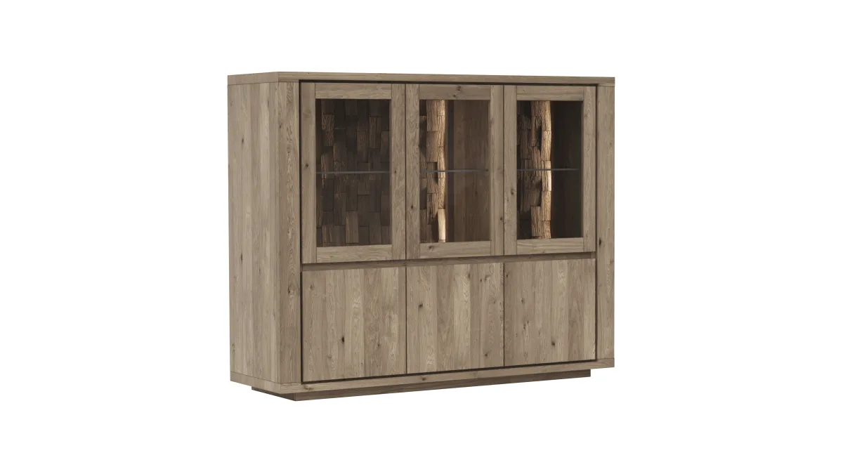 Highboard Bakersfield - inkl. Beleuchtung, Rückwand mit Holzschindeln, Asteiche, Barrrique