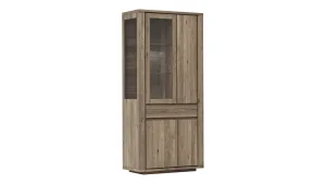 Vitrine Bakersfield - sichtbare Rückwand und Schublade geschroppt, Asteiche massiv, barrique