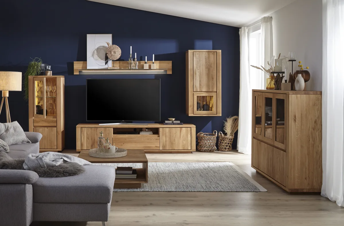 Highboard Bakersfield - inkl. Beleuchtung, Rückwand mit Holzschindeln, Asteiche massiv, geölt – Bild 5