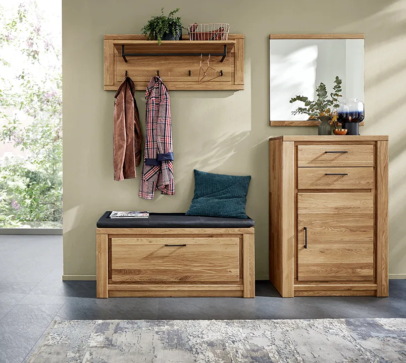 Schuhschrank Farmingdale - Eiche massiv, natur geölt mit Sitzkissen schwarz – Bild 4