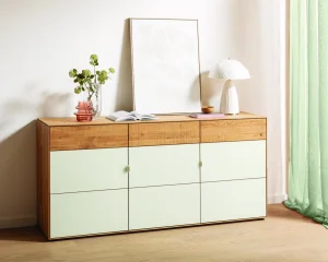 Alternative view of Sideboard Koruna – Eiche massiv legno geölt, Front oben Holz sägerau, unten Glas cremeweiß