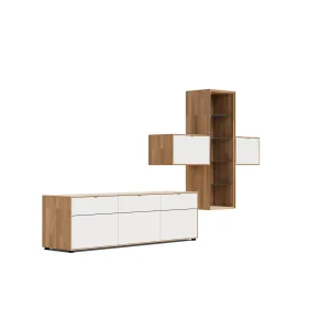 Wohnwand Koruna - mit Beleuchtung, Eiche massiv legno geölt, Front Glas cremeweiß