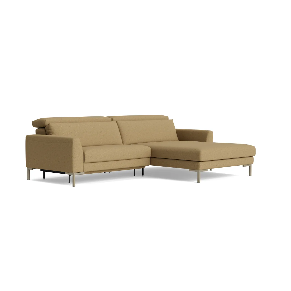 Sofa Braska - 1,75-Sitzer mit Longchair rechts, inkl. Relaxfunktion (motorisch) und Kopfstütze verstellbar, Stoff, Rauchbraun